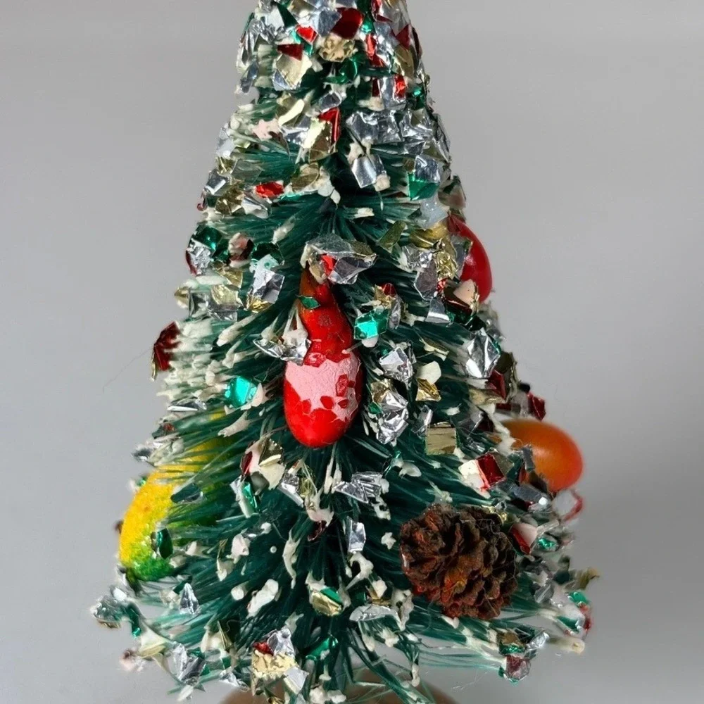 Vintage MCM Christmas Tree Bottle Brush Fruit Pinecone Miniature Wood Base 3.75